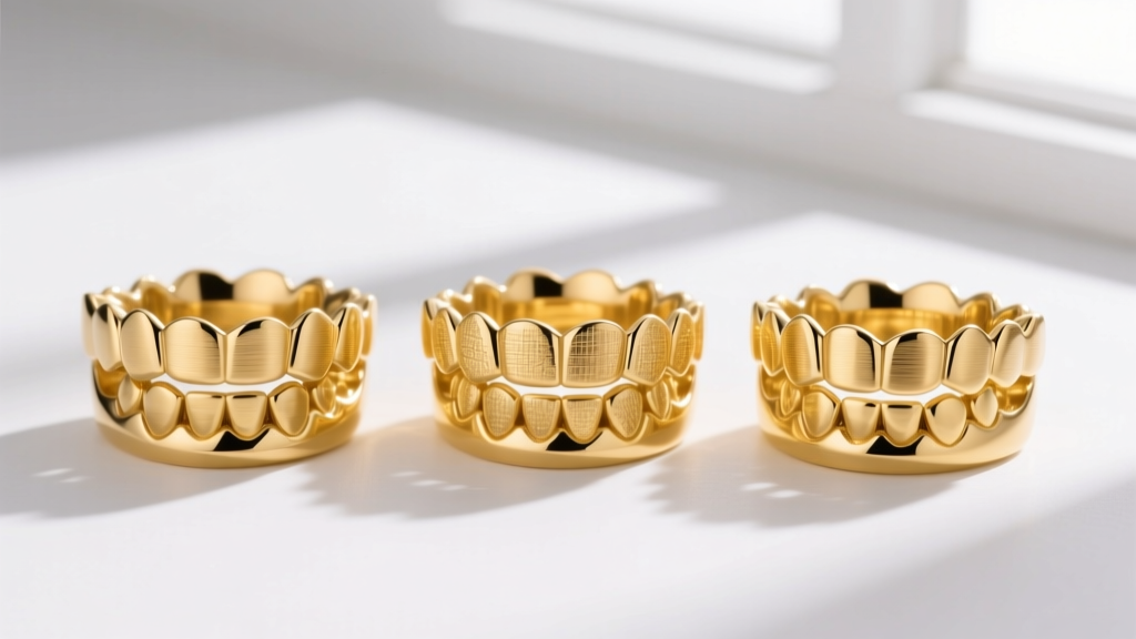 Three gold grillz caps side-by-side showing 10k, 14k, and 18k yellow gold color variations against a clean white background