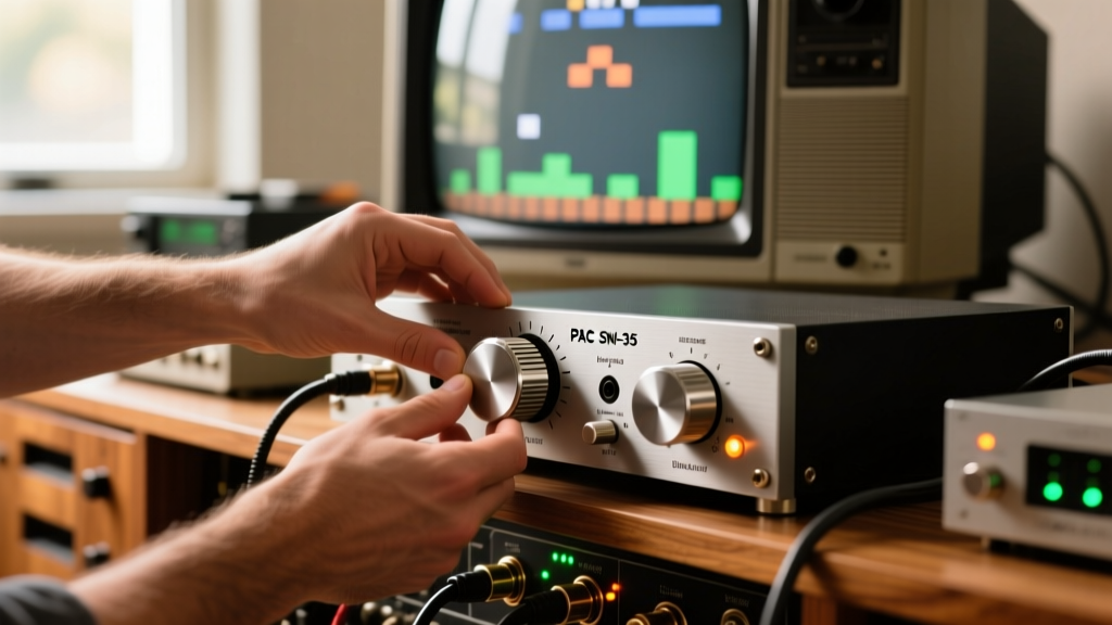 Hands adjusting the dial on a PAC SNI-35 ground loop isolator to eliminate audio hum from a retro gaming DAC setup.