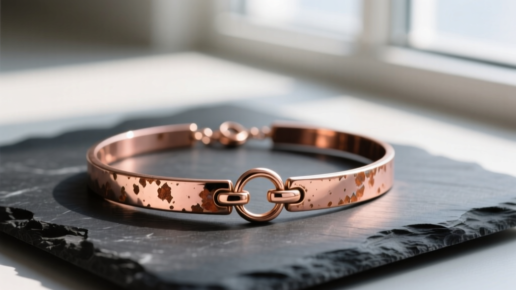 Worn rose gold plated necklace showing copper bleed and flaking at the clasp, resting on dark slate for high visual contrast