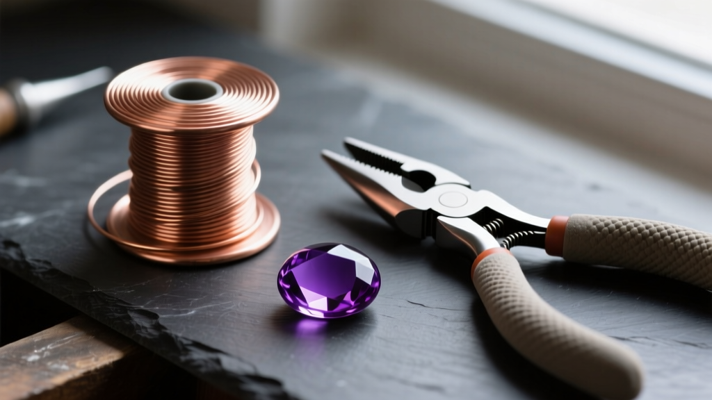 Close-up of copper wire spools, flush cutters, nylon pliers, and an amethyst cabochon on a dark slate jewelry making desk.