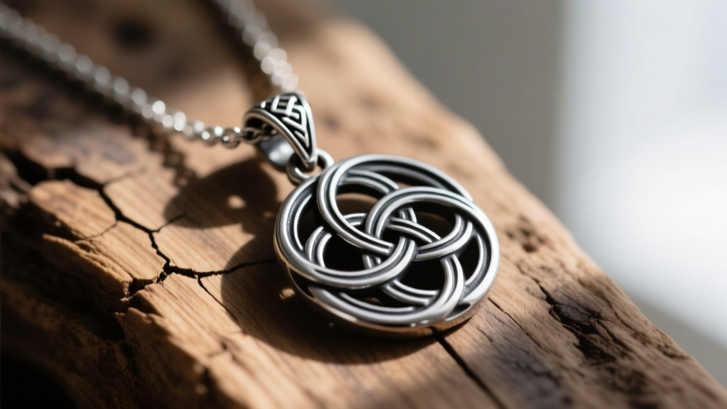 Macro photography of a solid sterling silver valknut necklace pendant with a dark oxidized finish resting on weathered oak wood