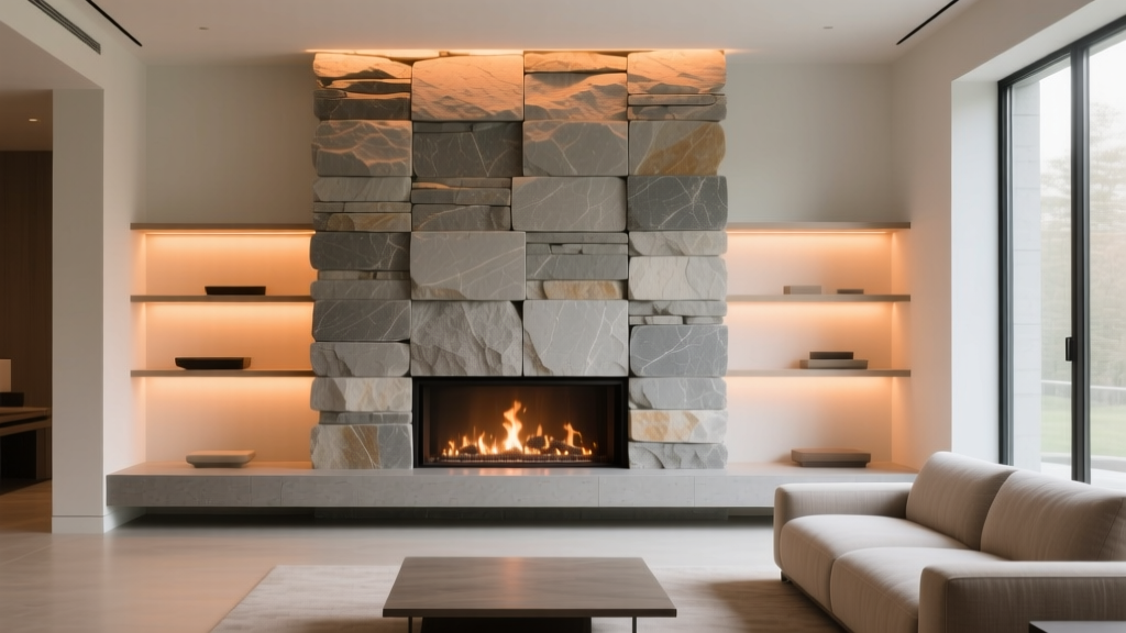 Modern fireplace surround featuring stacked limestone veneer panels with warm LED backlighting in a contemporary minimalist living room