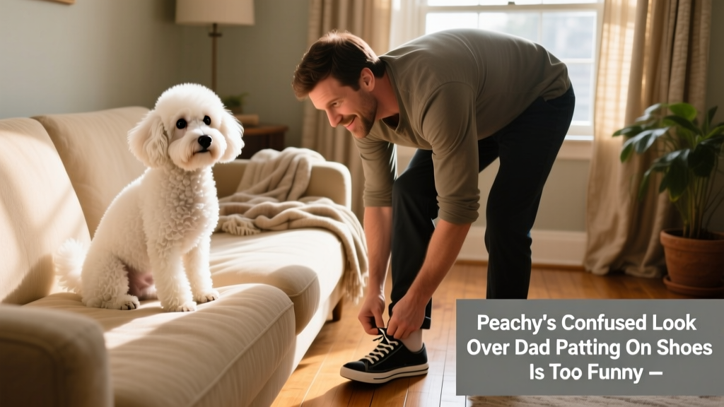 Poodle Bichon Mix named Peachy sitting on a couch, staring intently at her dad as he ties his shoes