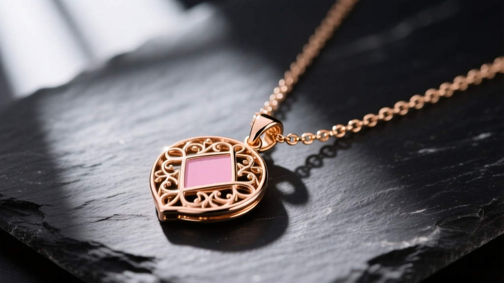 Close-up of an 18k rose gold vermeil pendant necklace on dark slate, highlighting the warm pinkish luster and delicate chain link.