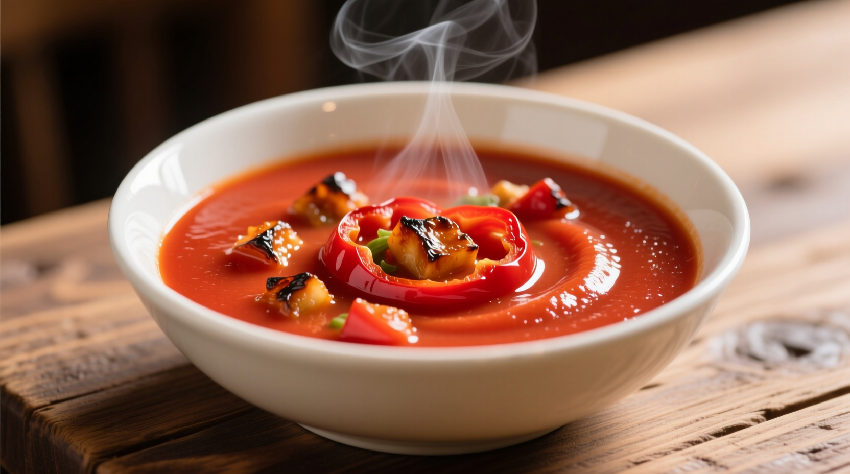 Vibrant tomato soup with roasted red peppers in white bowl