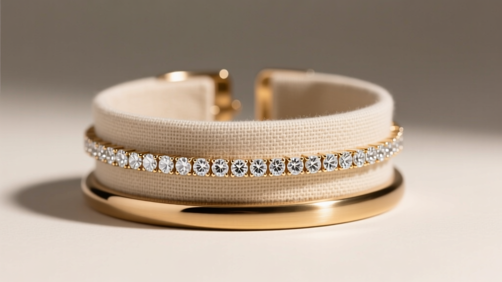 Brushed brass jewelry bracelet holder with linen lining, displaying a diamond tennis bracelet under soft gallery lighting.