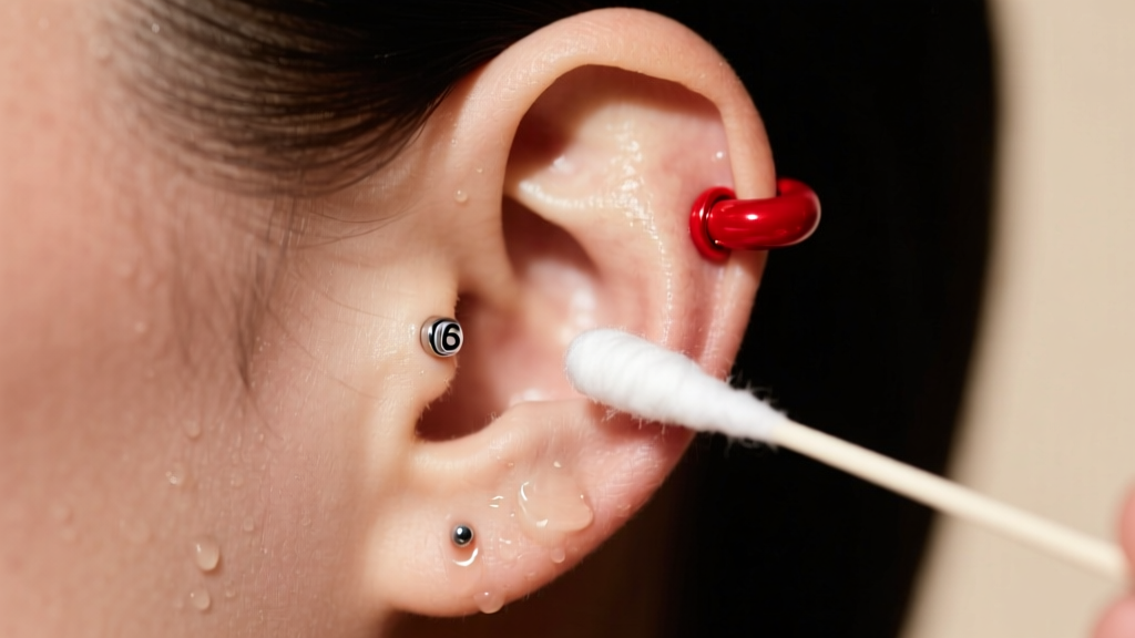 Side profile of an ear showing a red 16-gauge cartilage piercing, with a cotton swab gently applying sterile saline solution.