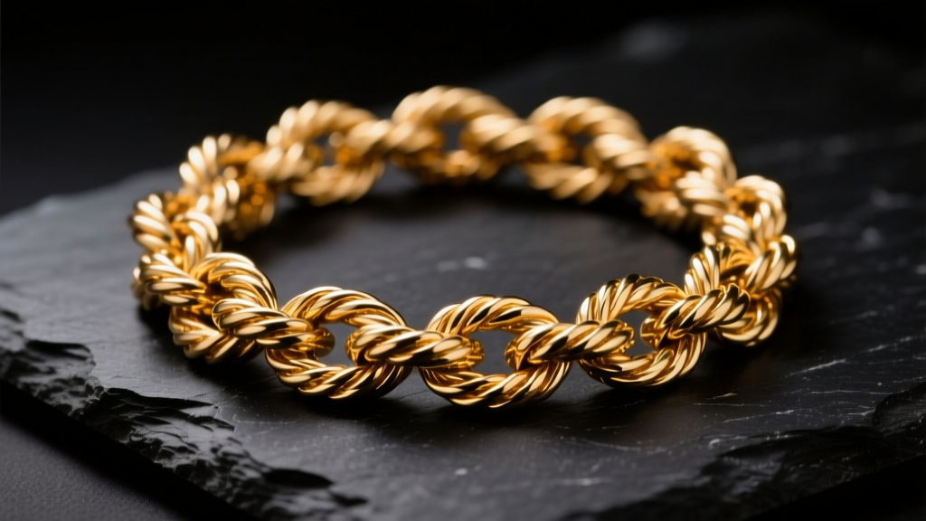 Close-up of a tangled 14k gold rope chain resting on a dark slate surface, illuminated by soft directional studio lighting.