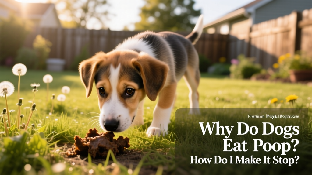 A curious puppy sniffing near fresh dog feces in a grassy yard