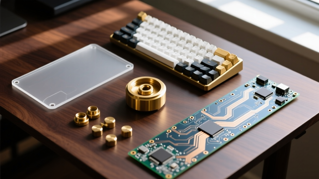 Top-down flat lay of a disassembled custom 65 percent mechanical keyboard showing brass weight, polycarbonate plate, and bare FR4 PCB on a dark wooden desk