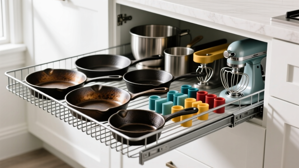 Heavy-duty steel wire cabinet drawer organizer fully extended displaying neatly arranged cast iron skillets and stand mixer attachments