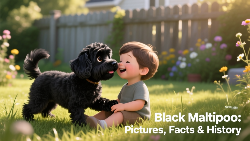 A young black Maltipoo playing gently with a child in a grassy backyard, highlighting its friendly expression and playful energy