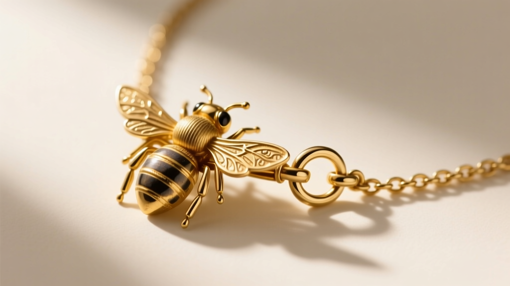 Macro shot of a vintage C-clasp and tube hinge on a 1920s gold-filled bee necklace, highlighting antique jewelry clasp findings