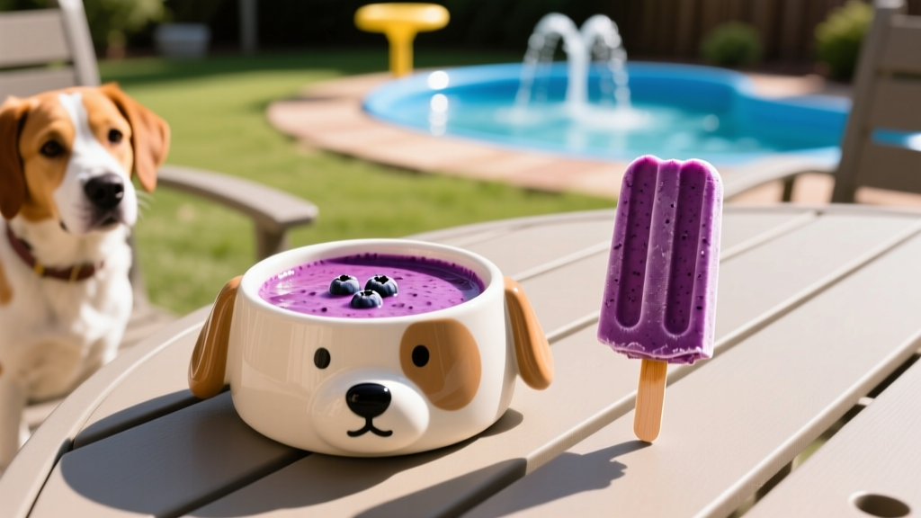 A ceramic dog bowl filled with a vibrant purple berry smoothie next to a frozen pupsicle on a patio table