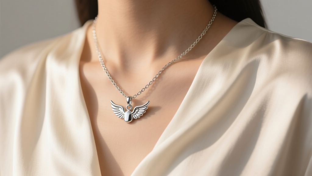 Sterling silver box chain with minimalist angel wing charm, worn over cream silk blouse, lit by soft warm natural light.