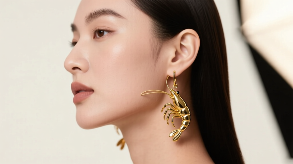 Side profile of a model wearing 18k gold shrimp dangle earrings, highlighting jointed tail movement against soft studio lighting.