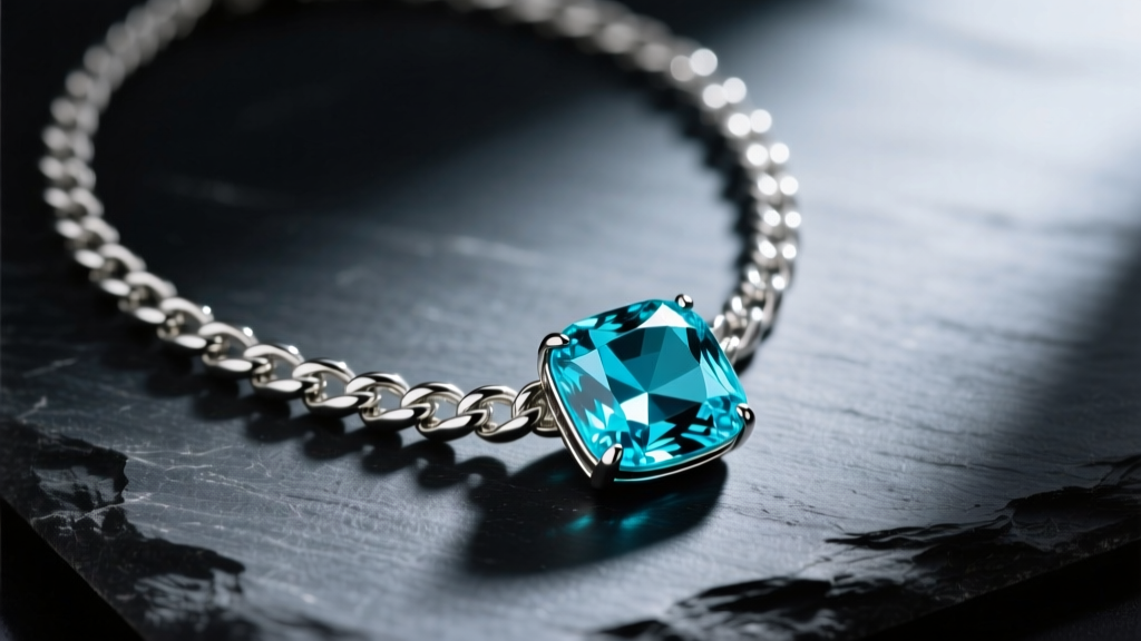 Close-up of a mens aquamarine necklace with a faceted beryl pendant on a thick silver Cuban chain resting on a dark slate surface.