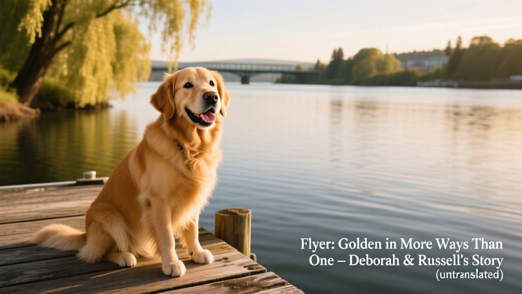 Flyer, a golden retriever, sitting happily on a wooden dock overlooking the Columbia River in Portland, Oregon