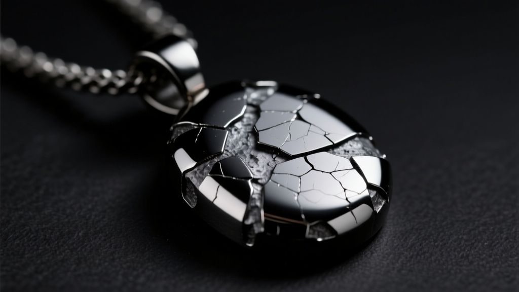 Macro shot of a blackened titanium pendant showing PVD coating wear, revealing raw grey metal on a matte black background.