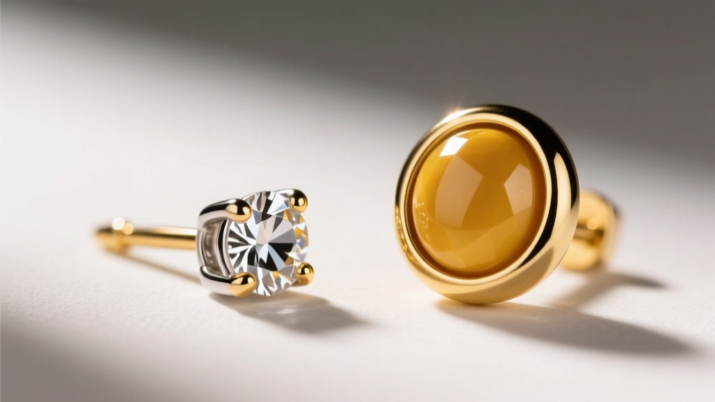Macro comparison of a 1.5mm micro-prong stud and a bezel-set mustard seed earring, emphasizing the metal coverage differences.