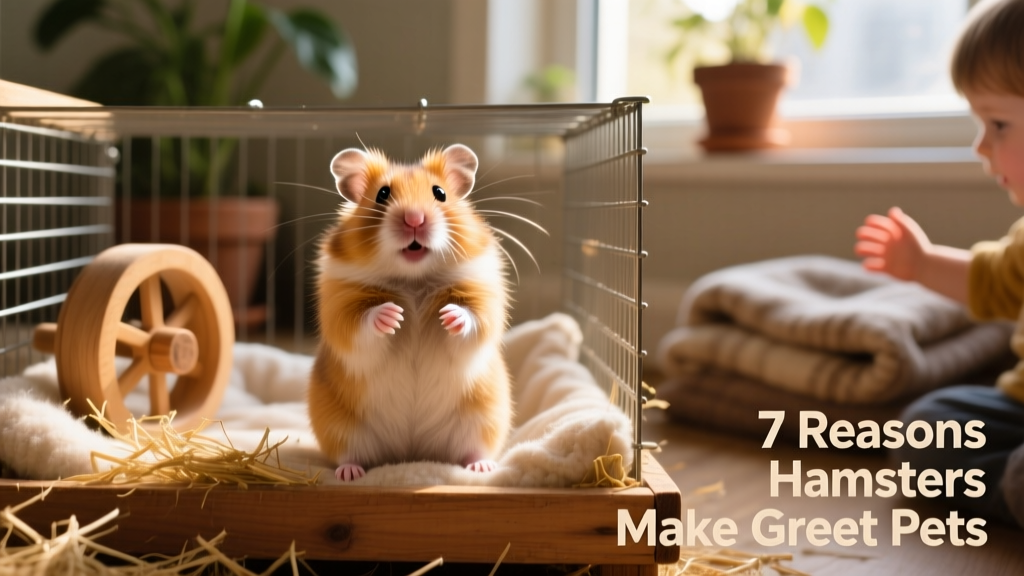 A cheerful golden hamster sitting upright in its cage with paws raised, surrounded by bedding and a small wooden wheel