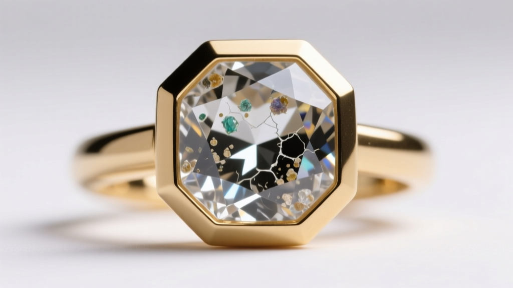 Macro view of a raw hexagonal salt and pepper sapphire in a bezel setting, showing natural inclusions and matte 14k gold texture