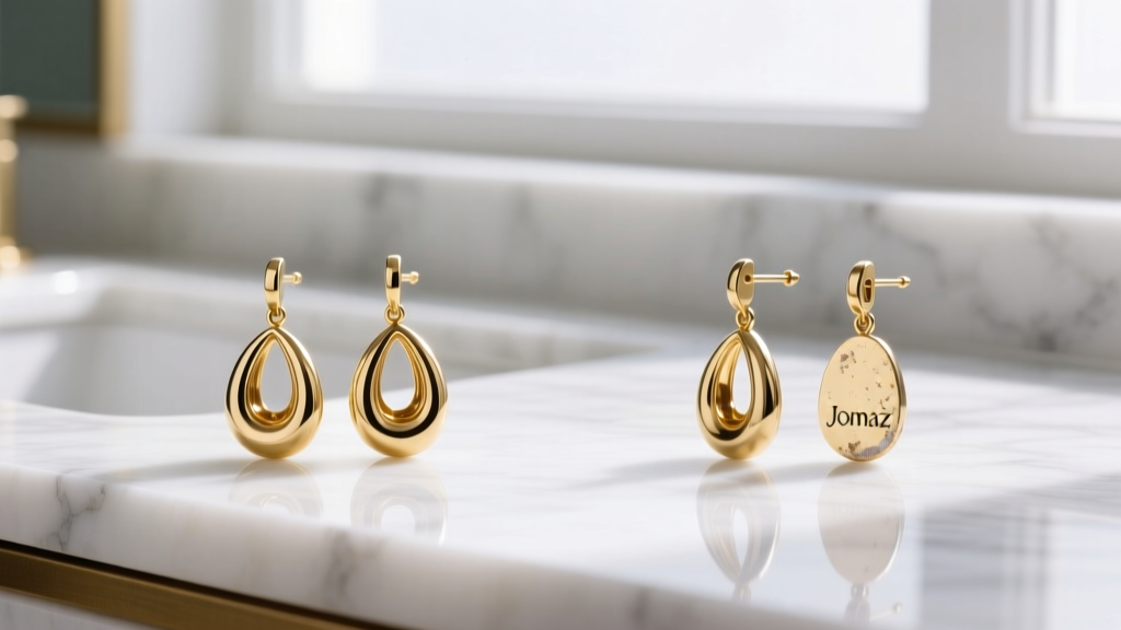 Side-by-side comparison of a new gold-plated Jomaz drop earring and one with slight clasp hinge wear on a white marble vanity.
