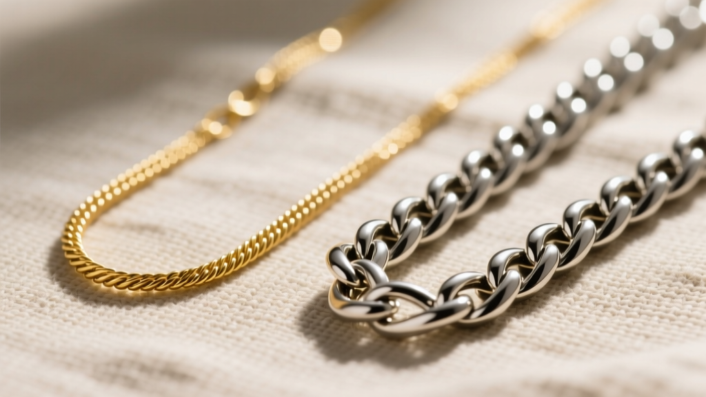 Flat lay comparison of a delicate 1.2mm gold rope chain and a robust 3.0mm silver figaro chain resting on textured linen