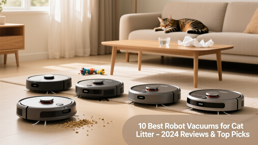 Side-by-side comparison of four FurPetVo robot vacuums on a light-colored living room floor with visible litter debris nearby