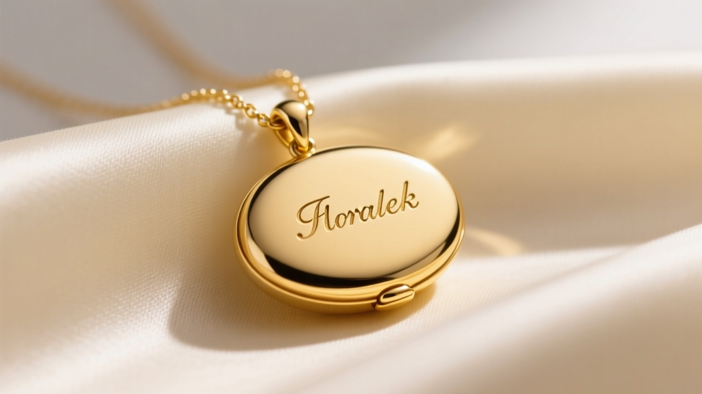 Close-up of a solid 14k yellow gold oval locket necklace with engraved initials resting on cream silk fabric in soft lighting.