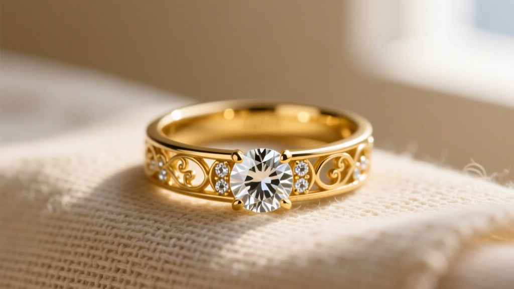 Close-up of recycled 18k yellow gold ring with lab-grown diamond resting on natural linen cloth in soft, diffused morning light