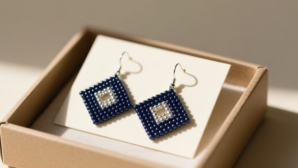 Geometric brick-stitch seed bead earrings in navy and silver, resting on a cream linen card inside a minimalist kraft jewelry box.