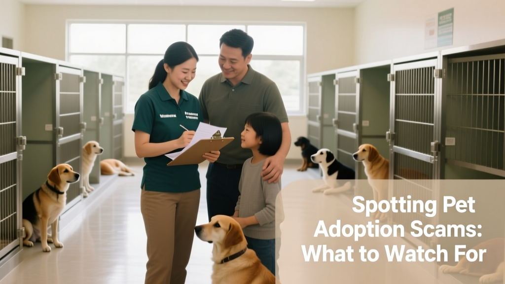 A volunteer at a certified rescue facility reviewing adoption paperwork with a family, surrounded by clean, well-cared-for dogs in kennels