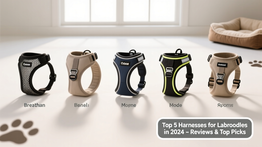 Side-by-side comparison of five different dog harness styles laid out on a clean white surface