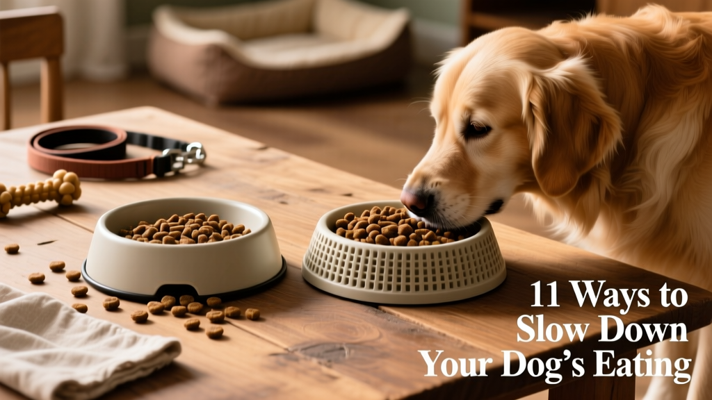 Side-by-side comparison of a standard bowl and a textured slow feeder bowl with kibble