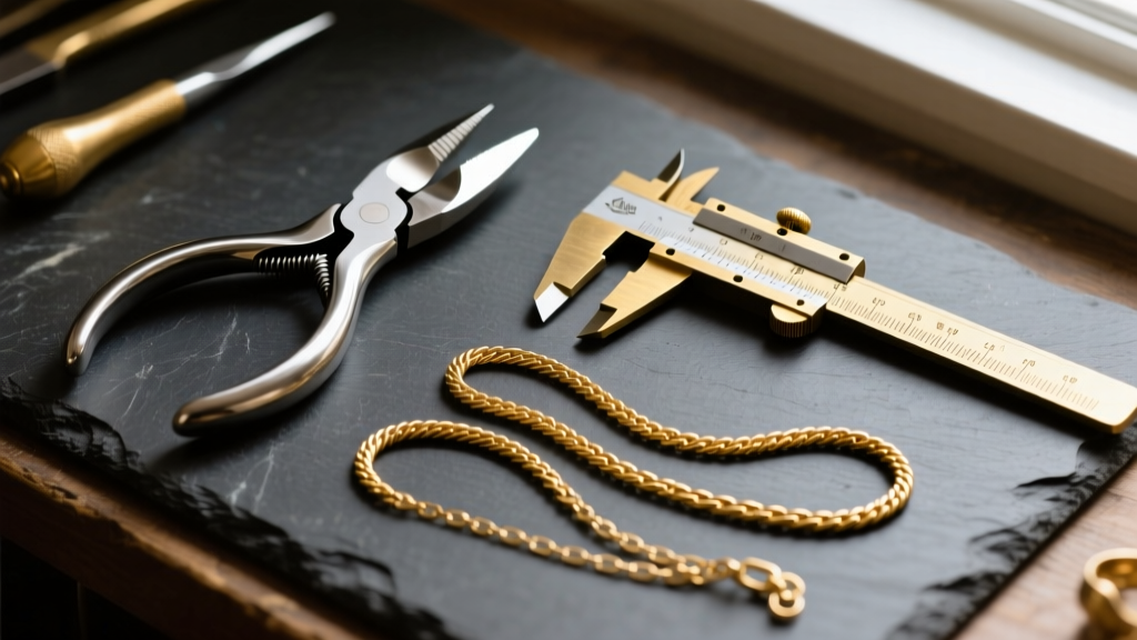 Overhead flat-lay of a jeweler workbench with flush cutters, brass calipers, and three gold cable chains on dark slate