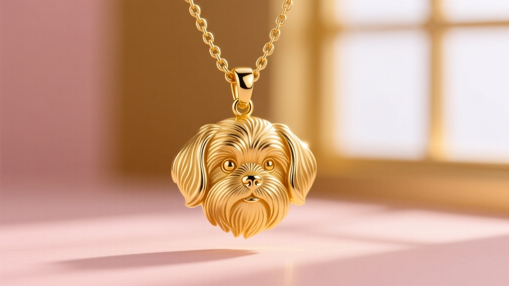 14k solid gold Shih Tzu pendant with fur engraving on an 18-inch box chain against a softly blurred, warm-toned studio backdrop