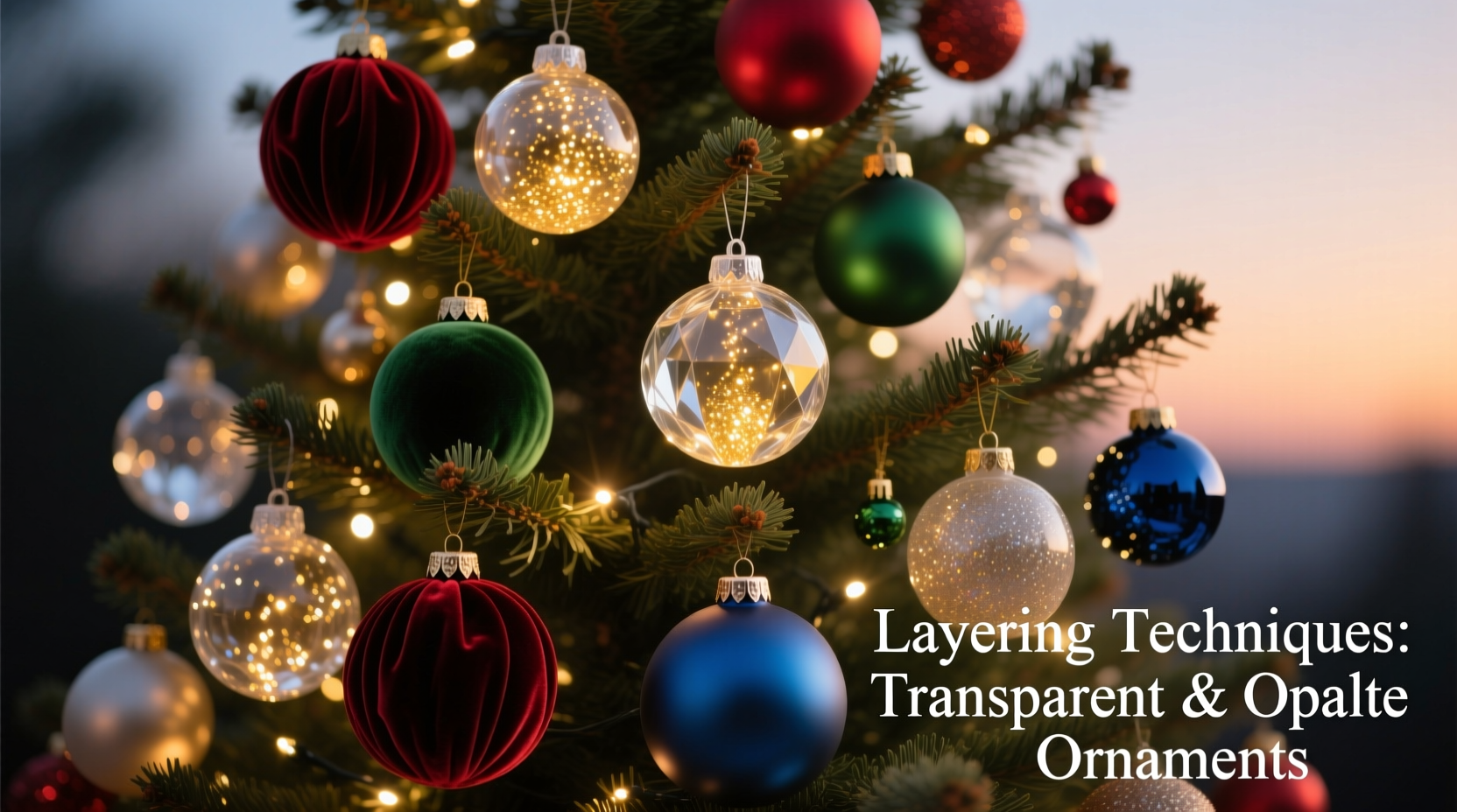 how to layer transparent and opaque ornaments on a lit christmas tree