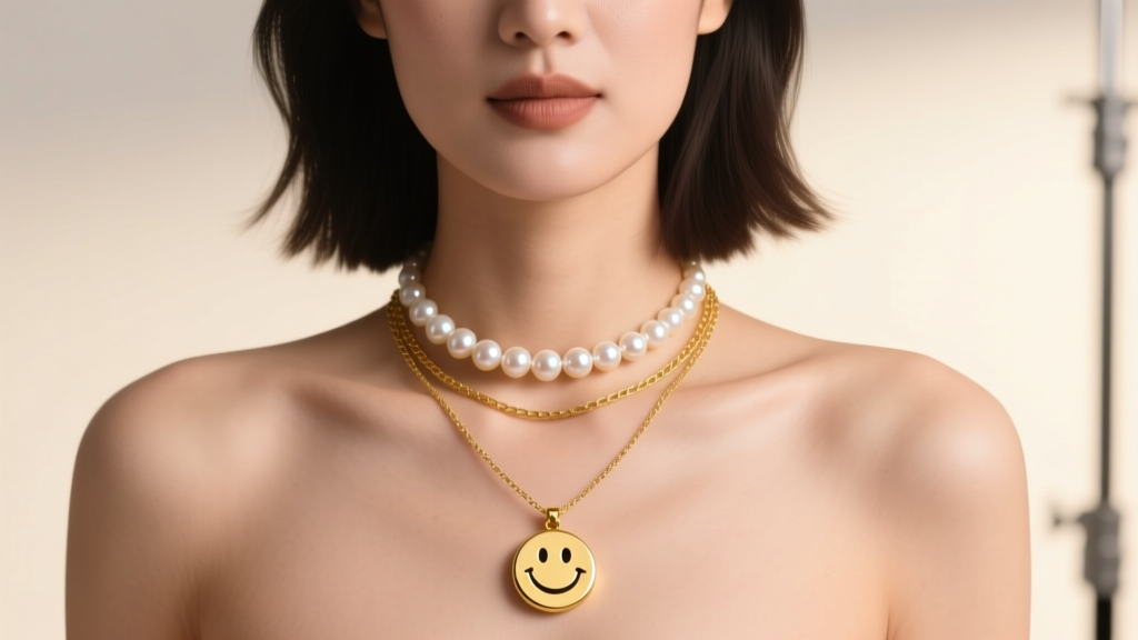 Woman wearing a layered gold necklace stack featuring a 10mm happy face pendant on a 16-inch chain, paired with a freshwater pearl choker