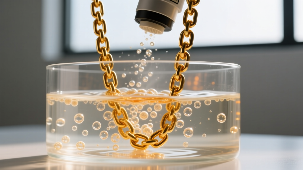 Ultrasonic cleaner vibrating solid gold chains in mild surfactant, showing visible microscopic cavitation bubbles in the water.