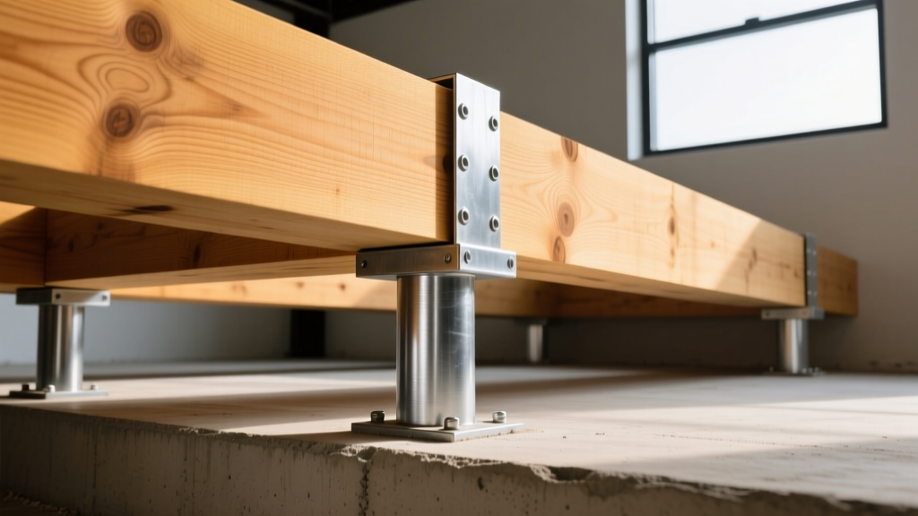 Close-up of thick pressure-treated southern yellow pine structural beams and posts secured with hot-dipped galvanized post bases on a concrete foundation.