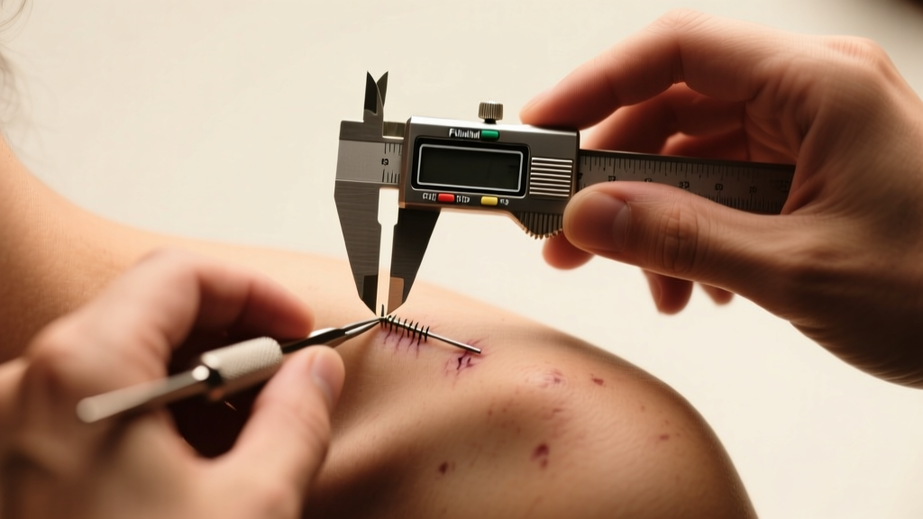Professional piercer measuring a healed surface piercing with digital calipers, warm studio lighting, over-shoulder perspective