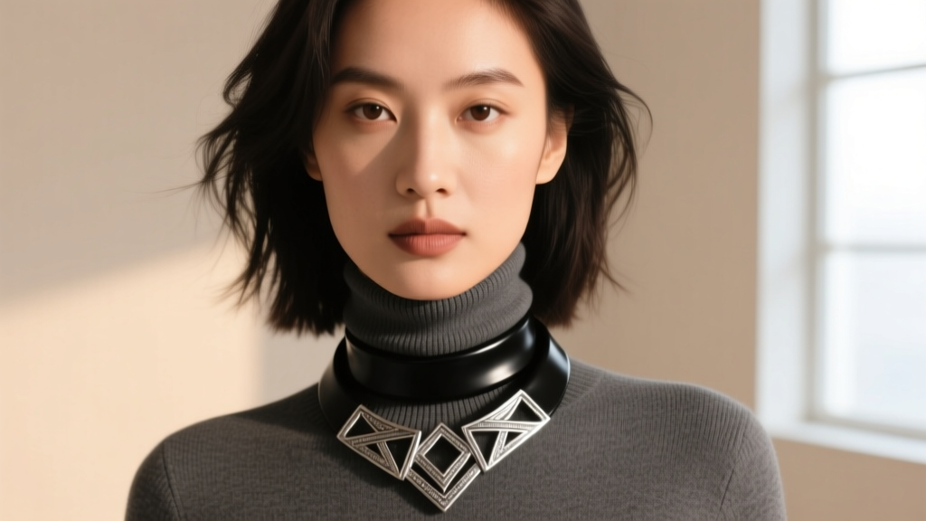 Model wearing a black rubber and oxidized silver bib necklace layered over a structured charcoal grey high-neck turtleneck sweater
