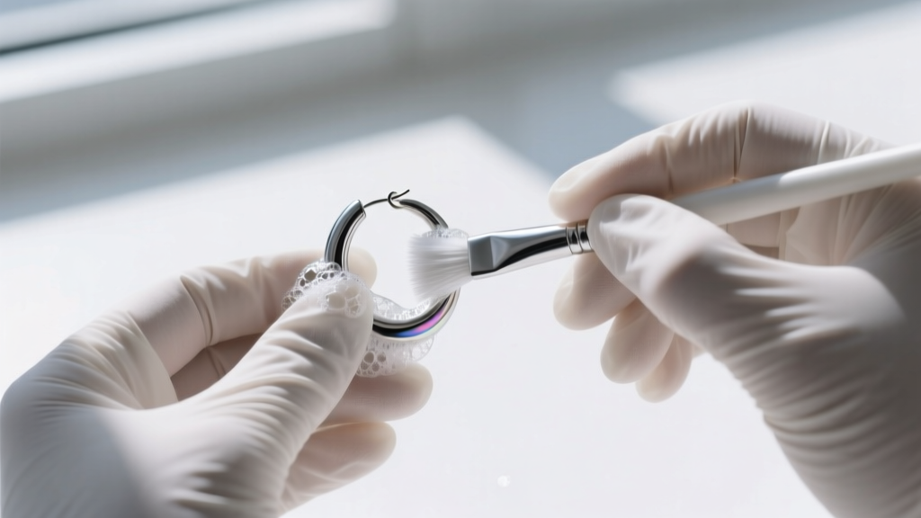 Hands wearing nitrile gloves gently scrubbing a niobium hoop earring with a soft-bristled brush and pH-neutral soap suds.