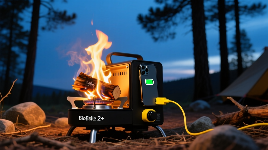 BioLite CampStove 2+ generating smokeless wood fire with smartphone plugged into yellow USB port charging in twilight campsite