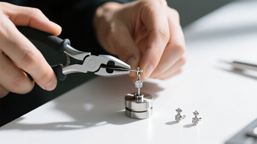 Jeweler nylon-jaw pliers carefully adjusting the tension paddle of a stainless steel earring converter on a white workbench.