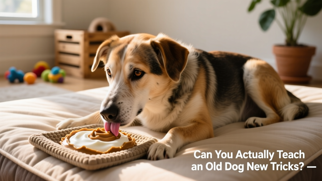 Senior mixed-breed dog lying comfortably on a memory foam bed while gently licking a slow-feeder mat filled with yogurt and peanut butter