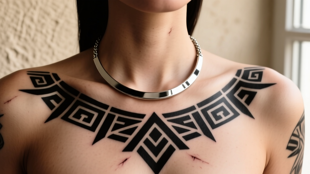 Grade 23 titanium minimalist bar necklace resting gently over a fully healed blackwork geometric tribal tattoo on a woman