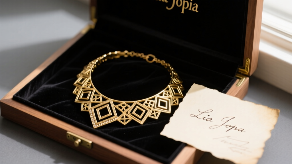 A vintage Lia Sophia gold statement collar necklace resting on dark velvet inside an open box next to a handwritten note.