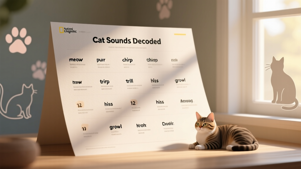 Infographic-style chart titled 'Cat Sounds Decoded' showing 12 vocalizations with corresponding meanings in clean, easy-to-read columns